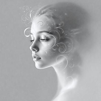 The primary subject of the image is a woman's face, which is the main focus of the image. The setting is a white background, which provides a clean and minimalistic environment. The visual style is digital art, as the image is a digital illustration of a woman's face. The colors and mood of the image are predominantly white, giving it a clean and serene atmosphere.